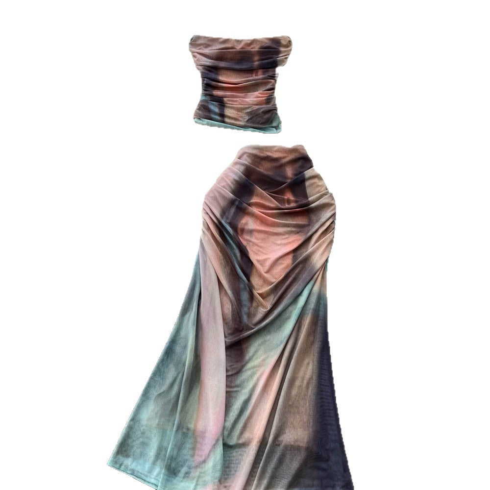 Sexy hot girl print tank top sleeveless two-piece set women's summer ruched top high-waisted midi skirt slimming outfit