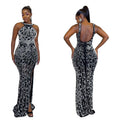 C6679 cross-border   fashion women's solid color hotfix rhinestone slit backless maxi dress