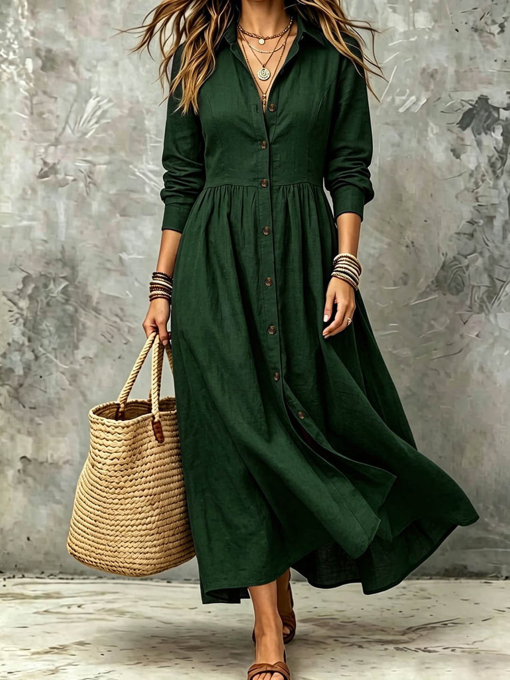 Plus size women's vintage shirt dress - long sleeve, button-down, notched collar, buttoned waist, pleated, flowy, loose fit, vacation style