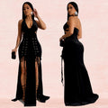 C7156 cross-border   fashion women's halter neck sleeveless sexy slit maxi dress new