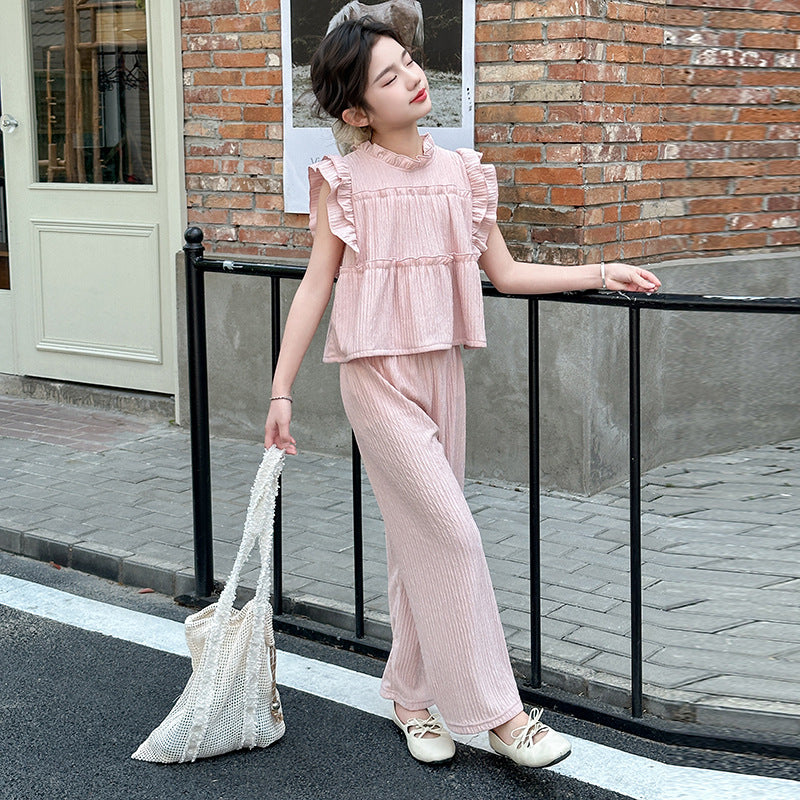 Girls' flutter sleeve solid color outfit, princess style children's clothing,  new girls' top, summer student chic two-piece set