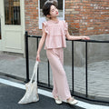 Girls' flutter sleeve solid color outfit, princess style children's clothing,  new girls' top, summer student chic two-piece set
