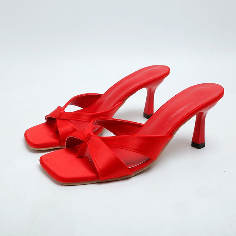 2026 summer square toe high heel cross bows decoration shallow mouth thin heel back open heel flip flop sandals women