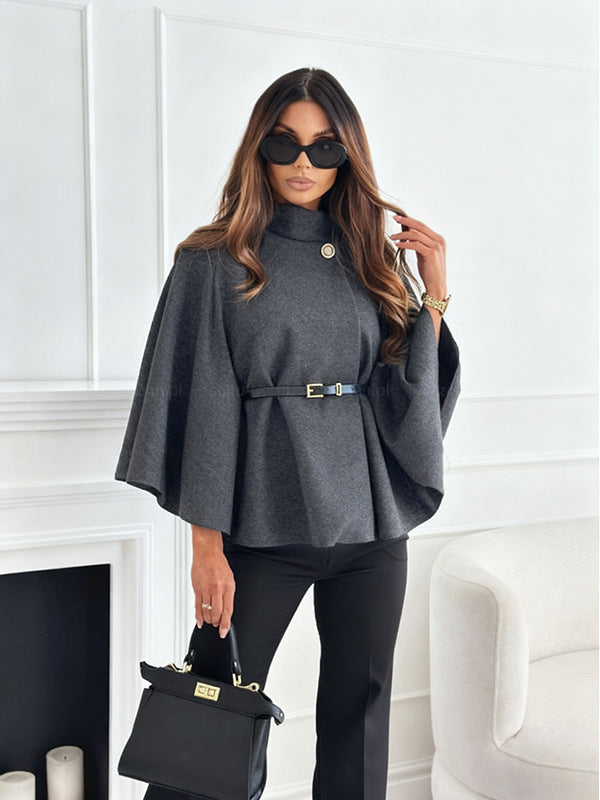 fashion women's winter elegant solid color waist-cinching tie-up wool blend cape coat