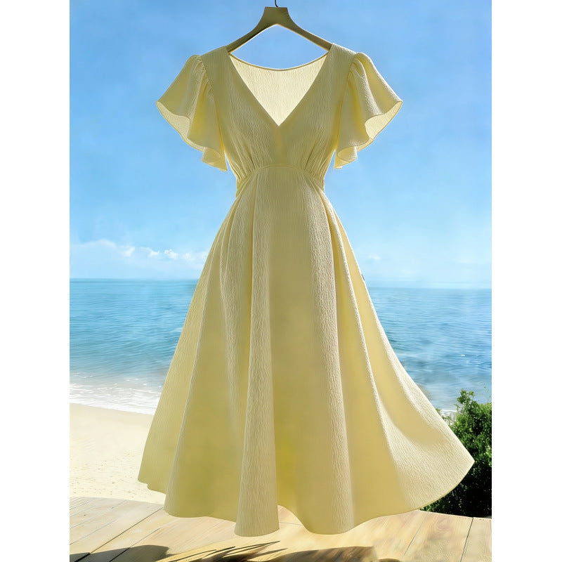 Women's summer new french chic casual solid color ruffle trim v-neck a-line maxi dress