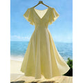 Women's summer new french chic casual solid color ruffle trim v-neck a-line maxi dress