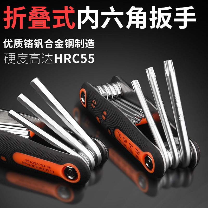 Folding hex key wrench set - metric & imperial, torx screwdriver, universal 6-point hex key wrench