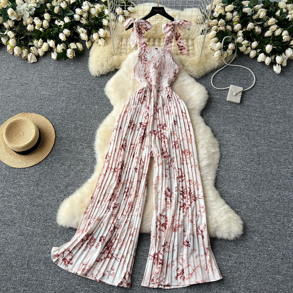 Women's summer jumpsuit for travel & vacation: stretchy, ruched, cinched waist, floral print, spaghetti strap, wide leg, long pants, beachwear