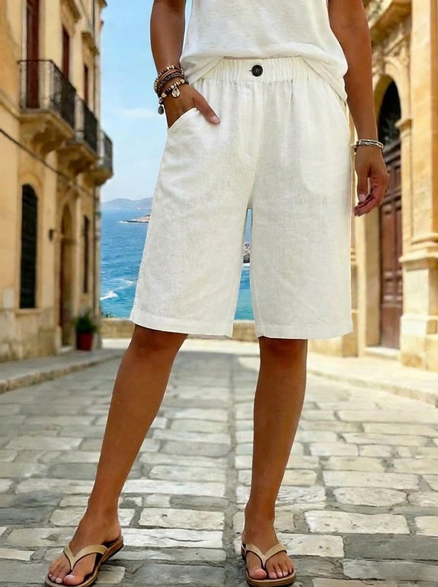 european and american  new women's faux cotton linen shorts - summer casual everyday mid-rise solid color shorts