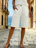 european and american  new women's faux cotton linen shorts - summer casual everyday mid-rise solid color shorts