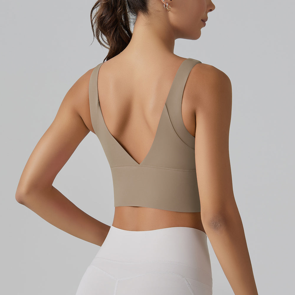 New arrivalnude yoga sports brasexy deep v beautiful back fixed all-in-one cup sports intimates fitness vest women