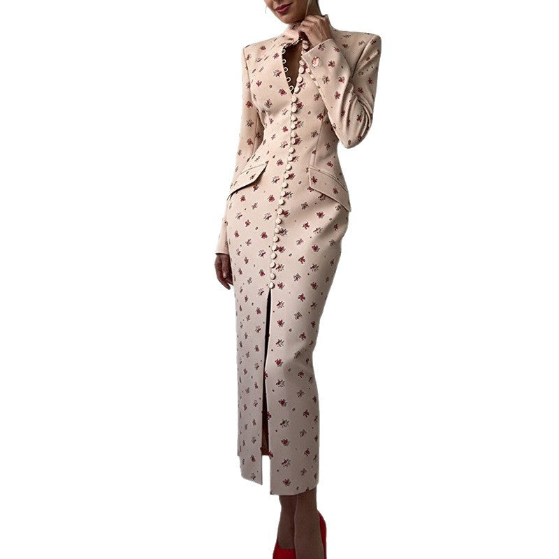 cross-border e-commerce european and american women's clothing: new summer collection - sexy and elegant single-breasted printed slit dress