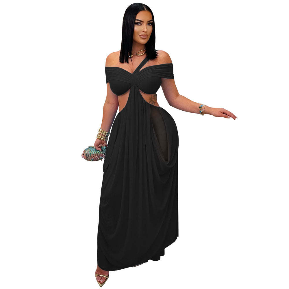 C7430 cross-border   fashion women's sexy bandeau bodycon see-through mesh dress