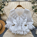 French chic v-neck lace ruffle blouse - women's summer long sleeve tie-waist slimming elegant top