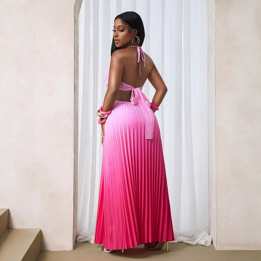 European and american export women's clothing  new elegant backless tie-up halter strapless pleated gradient color dress