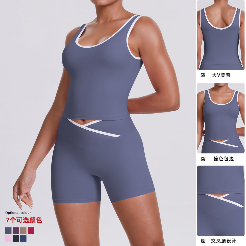 Cross high waist sports suit for women, tight-fitting, nude, contrast color, backless yoga clothes, outdoor running, quick-drying fitness suit