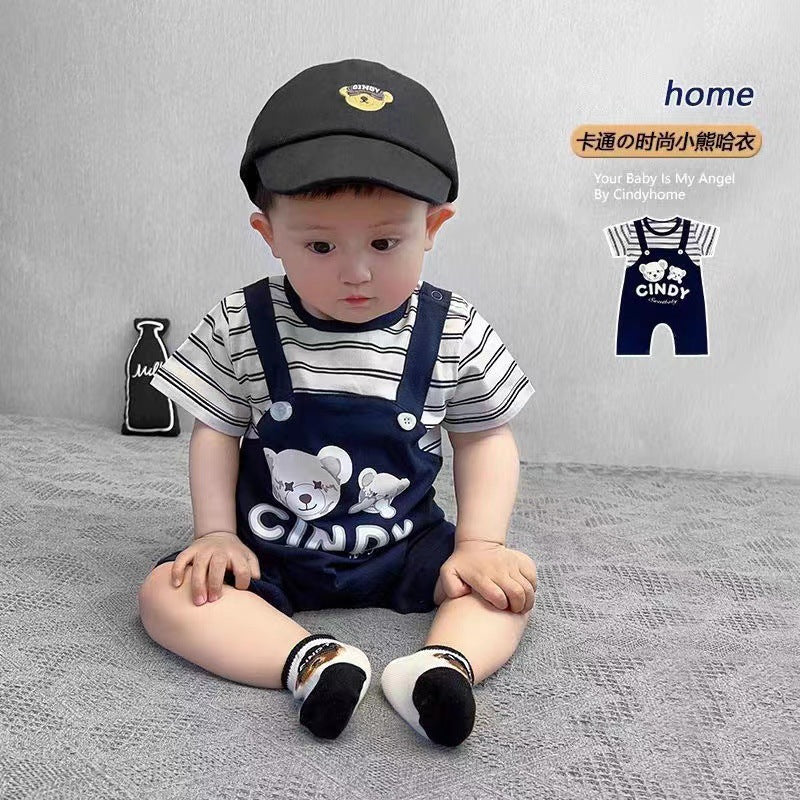 Newborn baby striped star bear romper - lightweight summer outfit for baby boys
