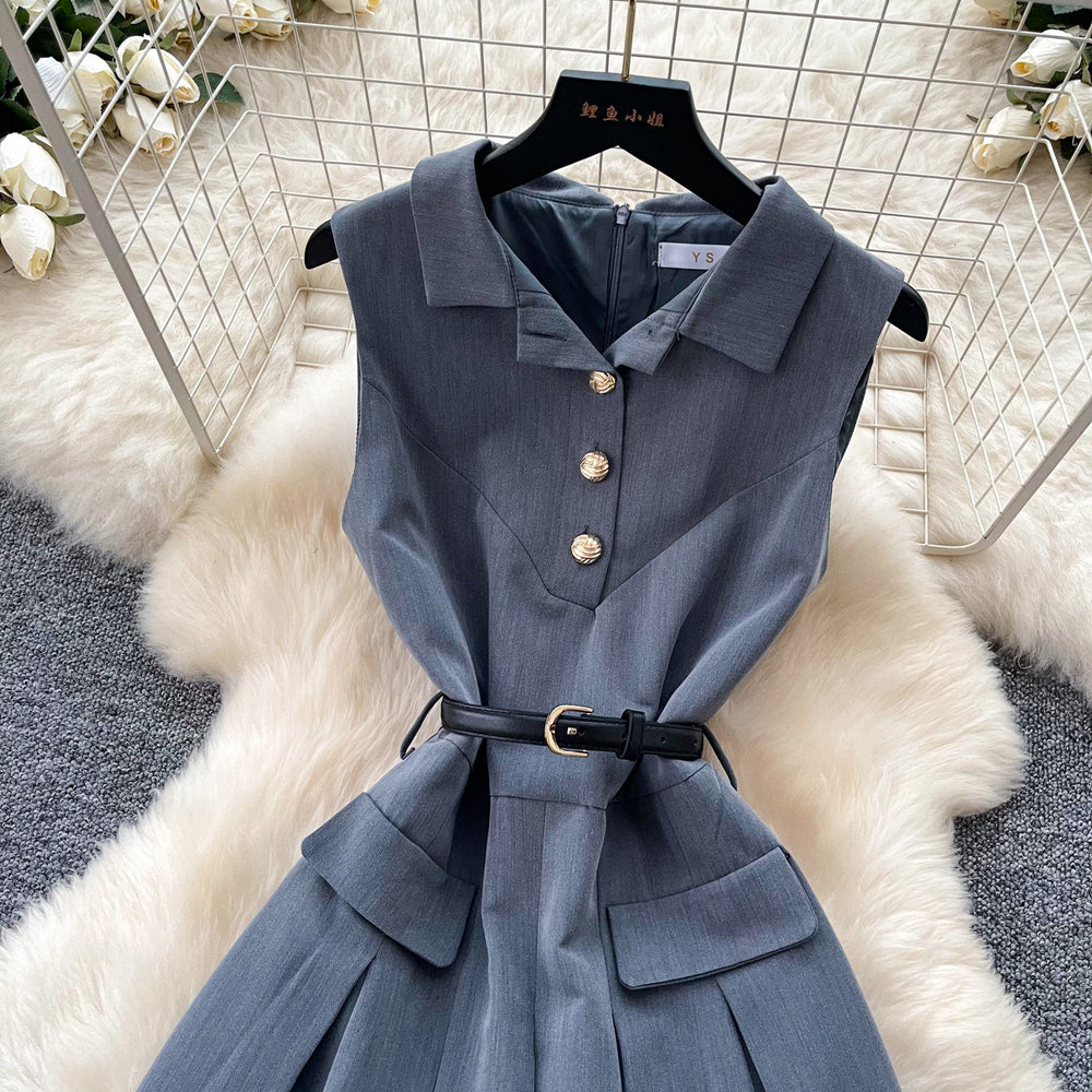 Salt style wear work clothing sleeveless lapel dress female summer waist slimming lookpleated skirteleganceelegant silm skirt
