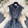 Salt style wear work clothing sleeveless lapel dress female summer waist slimming lookpleated skirteleganceelegant silm skirt