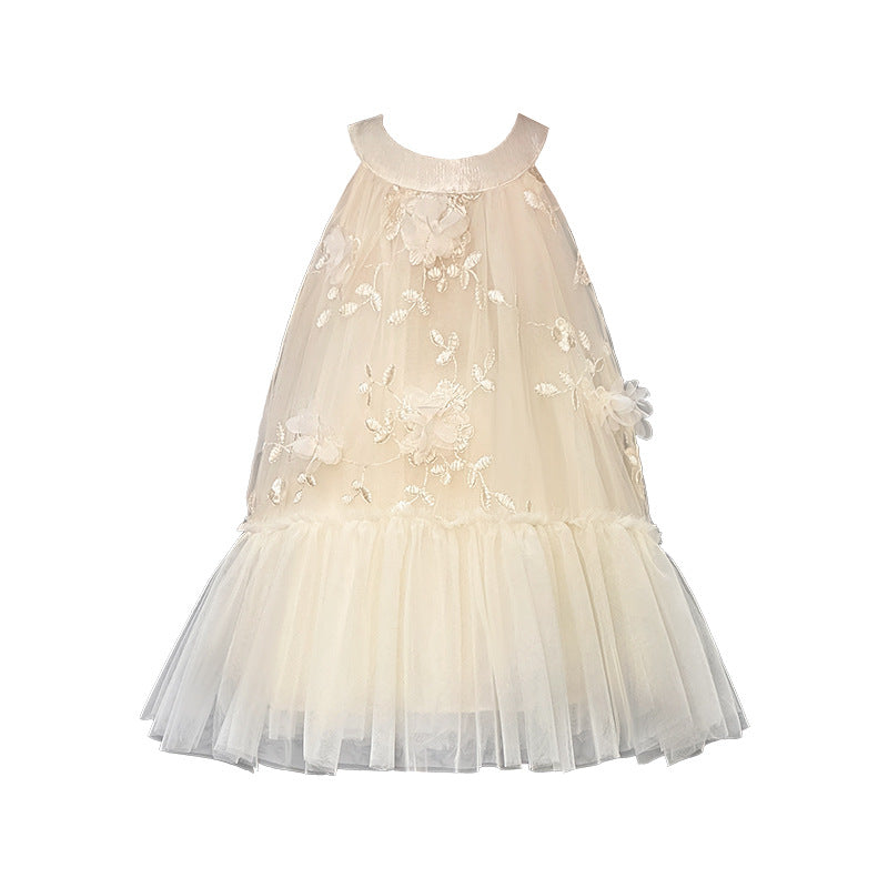 Girls' dress : stylish and ethereal princess dress with 3d floral yarn detail, halter neck fairy dress