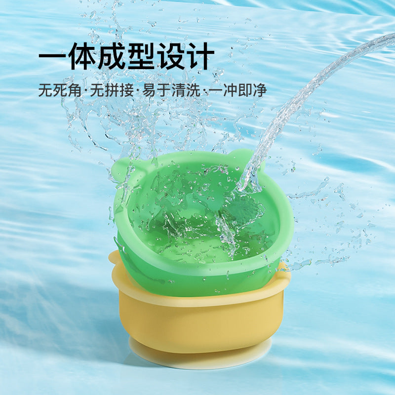 Children's complementary food bowl, dinner plate, bear integrated baby silicone bowl, baby learning to eat tableware, suction cup bowl grid