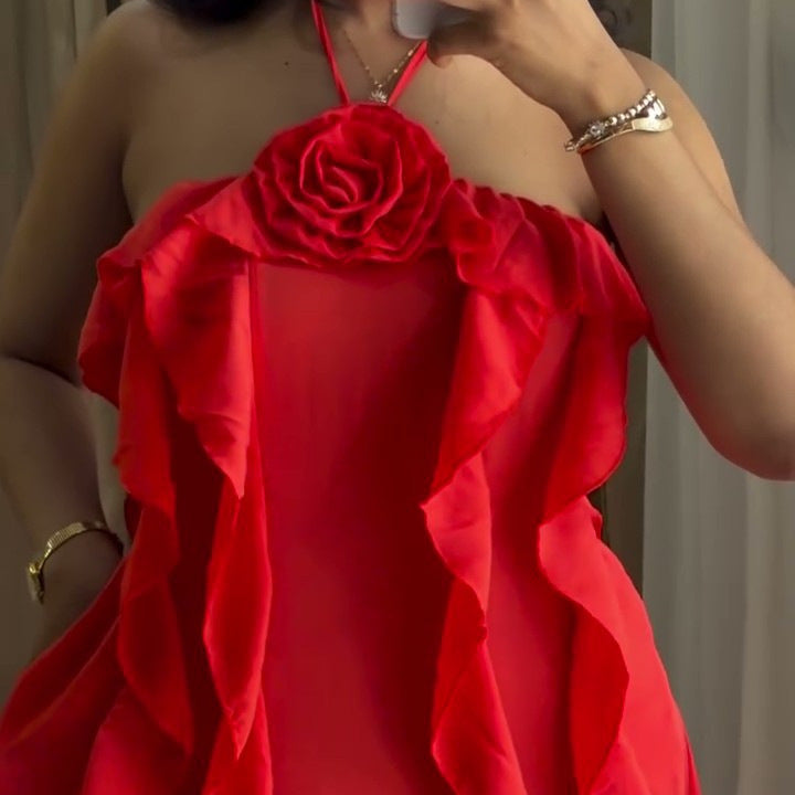 European and american cross-border women's fashion:  summer new arrival - elegant sweet halter neck 3d floral ruffle trim cami dress