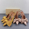 Spain 2024 summer new arrival: patent leather peep-toe mules with back strap, bow detail, and pointed toe high heels