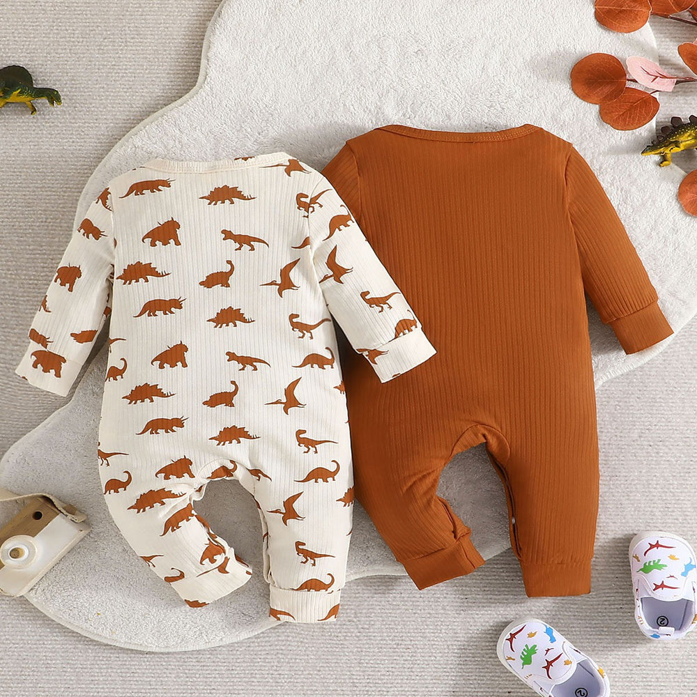 newborn & infant casual long-sleeve solid color romper with dinosaur print romper two-piece set