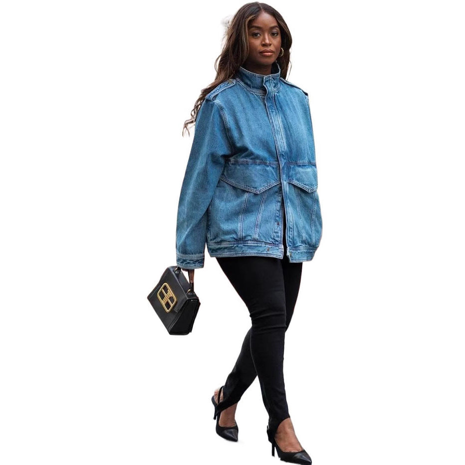 European and american style women's denim jacket -  cross-border fashion - new autumn/winter collection - stylish oversized pockets - long sleeve stand collar outerwear