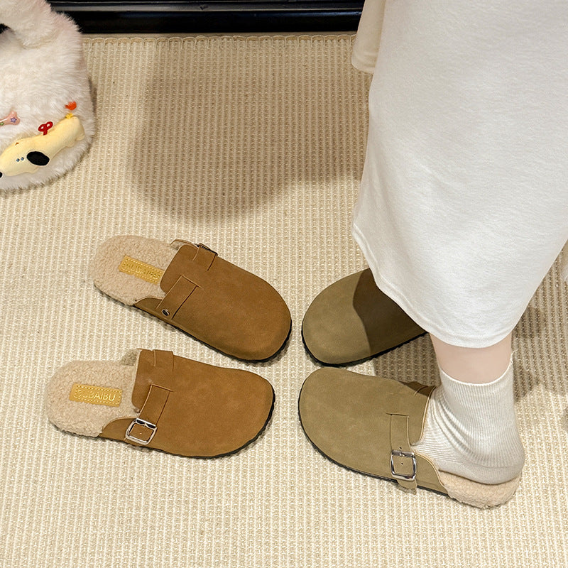 New arrival shows feet small birkenstock fleece-lined lazy half slippers for women winterthick soleoutwear birkenstock furry cotton slippers