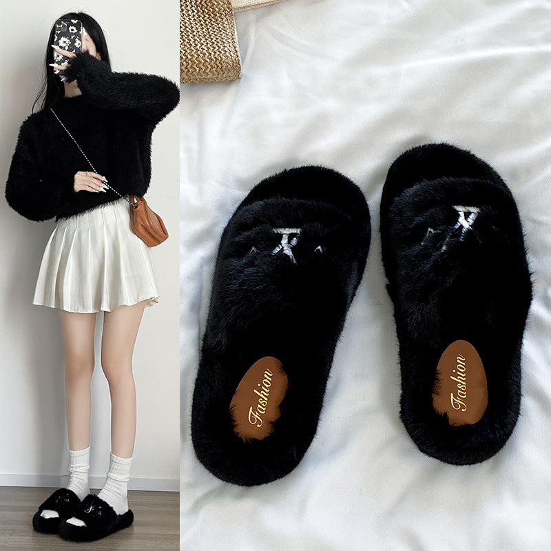 Embroidered trendy slippers for women, autumn/winter new arrivals, versatile retro comfort, fuzzy slippers, korean style cotton slippers