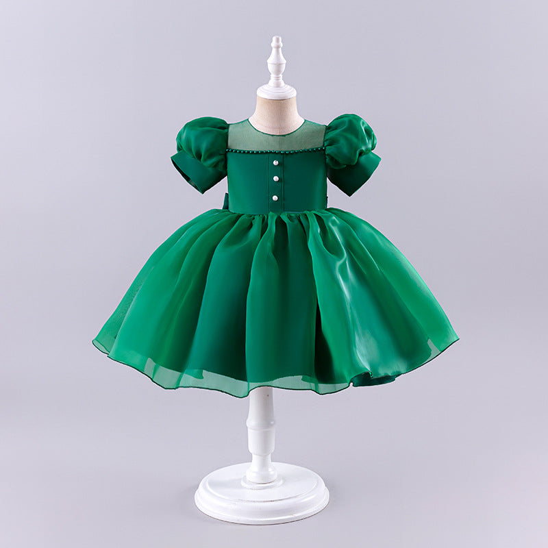 Girls' court-style short dress, toddler princess dress, puff sleeve tulle tutu, little host performance outfit