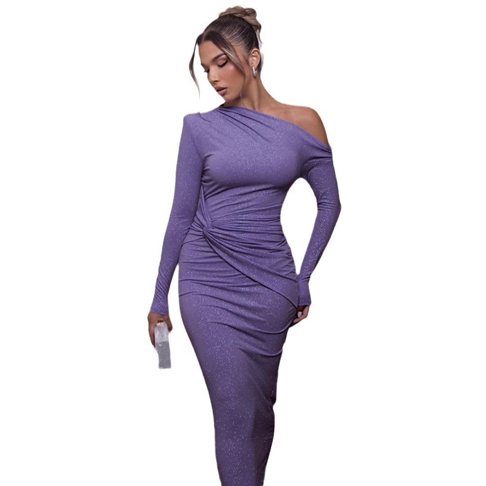 Fall and winternew arrivalfashion style cross-border women's clothing hot-selling fashionsexy shirred oblique shoulder long sleevesilm hip-hugging dress