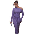 Fall and winternew arrivalfashion style cross-border women's clothing hot-selling fashionsexy shirred oblique shoulder long sleevesilm hip-hugging dress