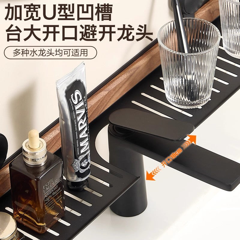 Walnut suction cup bathroom organizer - no drilling required, over-mirror faucet & vanity storage rack