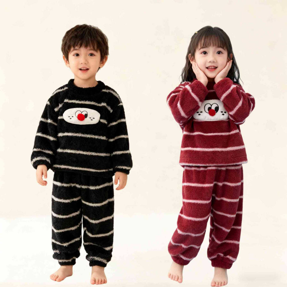 Kids' fall/winter korean style striped cartoon half-fleece pajama set - soft and warm loungewear for boys and girls