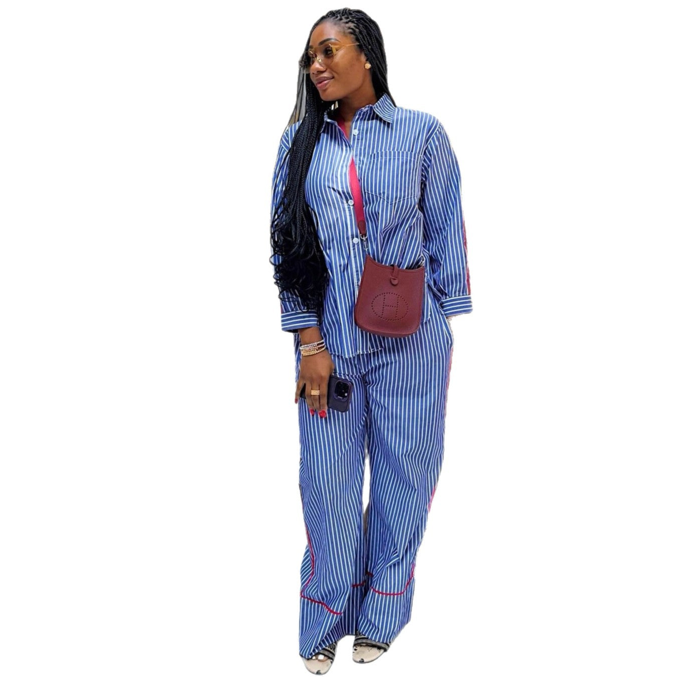 European and American large-size women's lapel collar long-sleeved cardigan striped shirt women's African foreign casual trousers new two-piece set