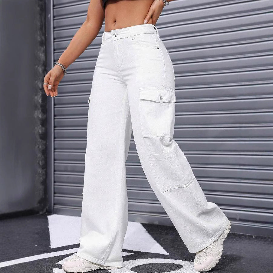 European and american cross-border   new versatile casual mid-rise loose straight wide-leg multi-pocket women's cargo pants