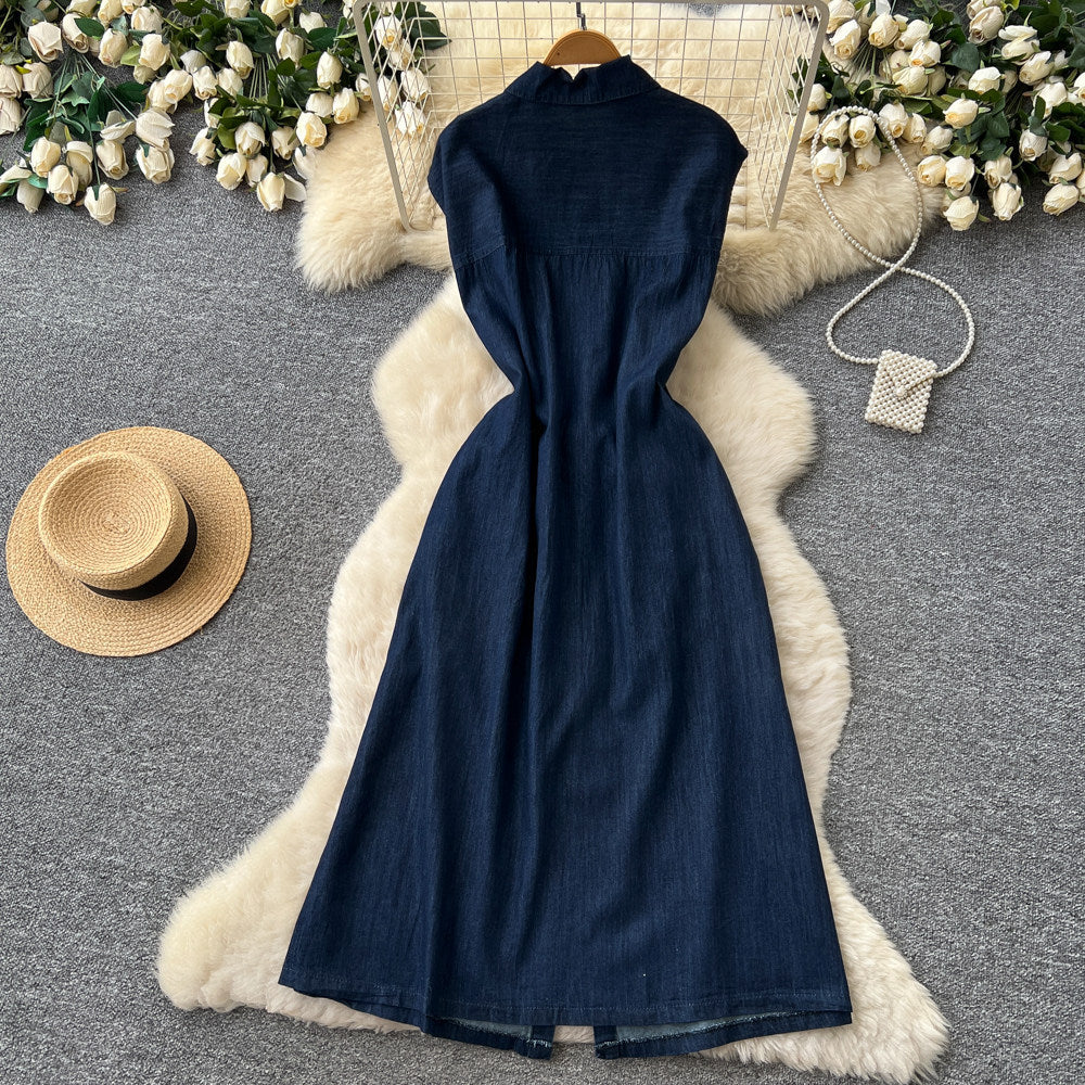 Korean style sleeveless denim dress for women,  summer design, tie-waist, slimming shirt dress, maxi length
