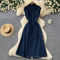 Korean style sleeveless denim dress for women,  summer design, tie-waist, slimming shirt dress, maxi length