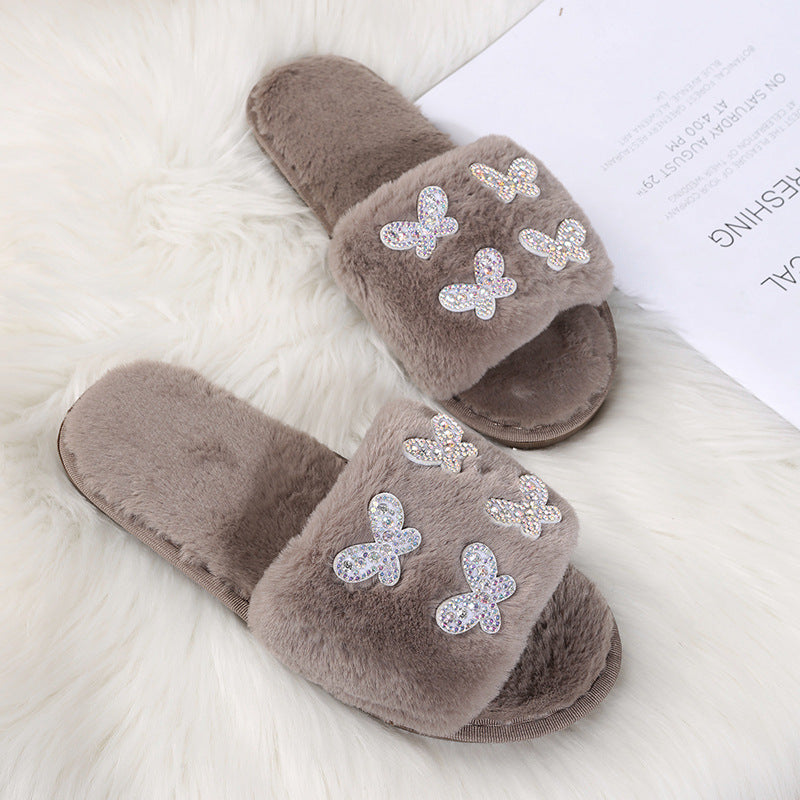 2024 new fuzzy slippers - autumn/winter butterfly slides, wholesale cotton house slippers with rhinestone embellishments, women's plush slippers for outdoor wear