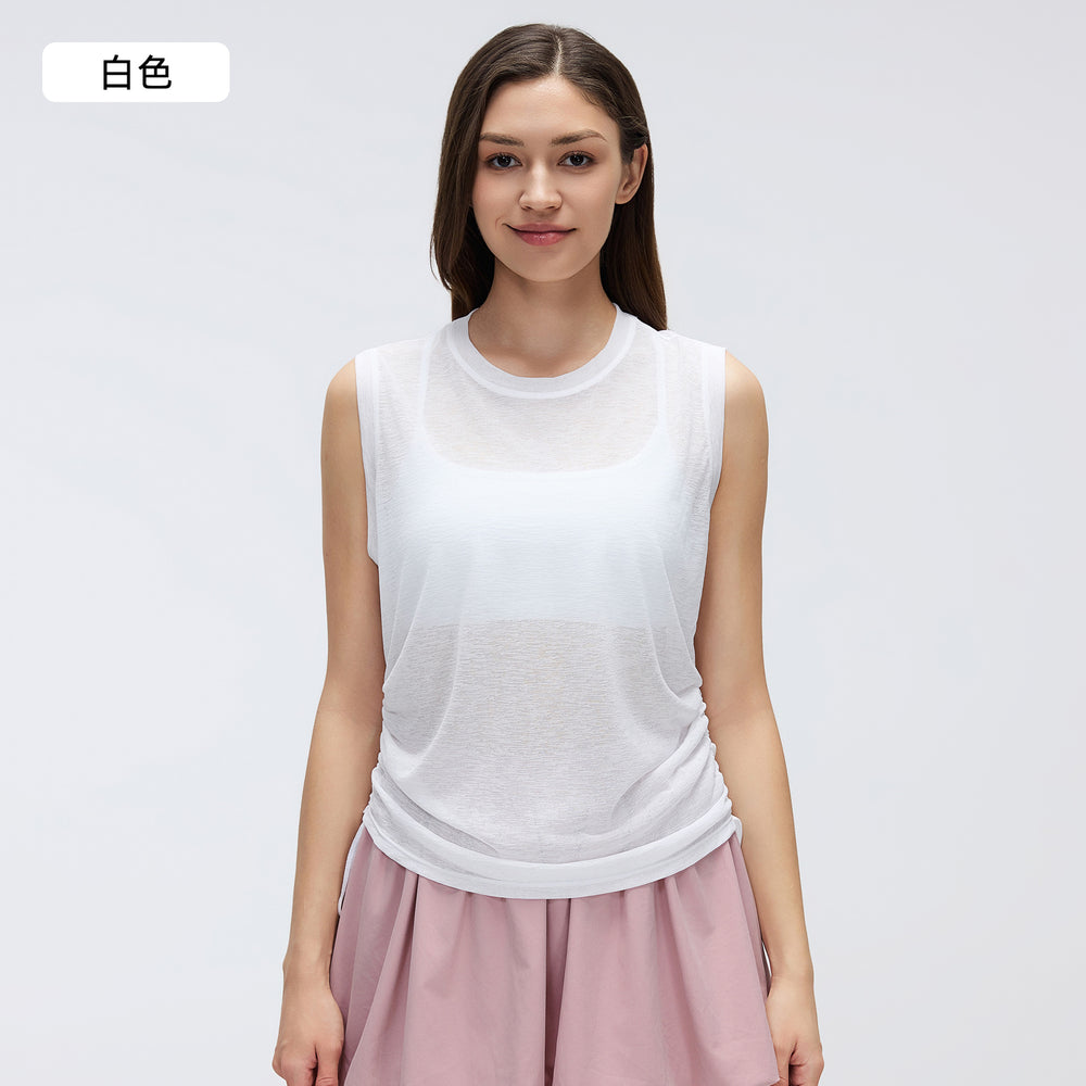 Simple round neck sleeveless sports tank top women's thin breathable side drawstring yoga top cover-up summer d26097