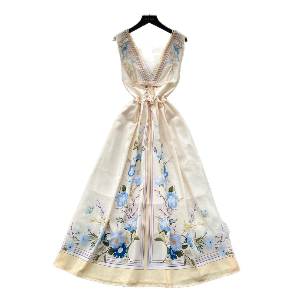 French romantic v-neck printed dress - women's summer high-waisted sleeveless slimming midi dress - elegant vacation style