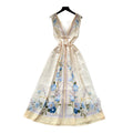 French romantic v-neck printed dress - women's summer high-waisted sleeveless slimming midi dress - elegant vacation style