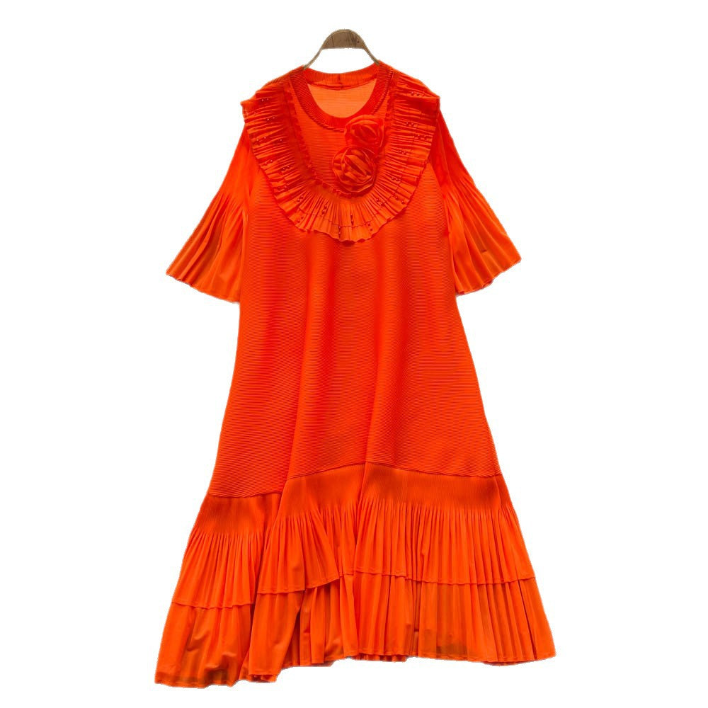 European and american niche style heavy beaded 3d floral flared sleeve dress - women's loose fit slimming a-line pleated maxi dress