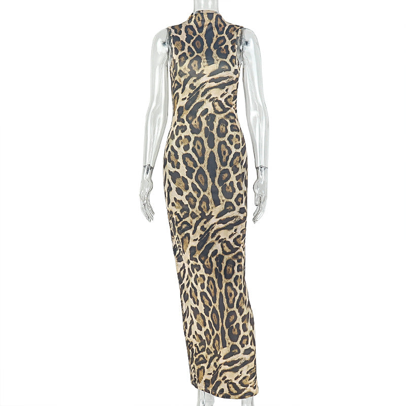 European and american style cross-border fashion leopard print women's streetwear versatile bodycon high neck sleeveless workwear maxi dress