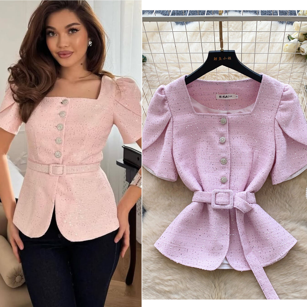 French style square neck short sleeve loose fit versatile blouse - women's commute-friendly, slimming, and elegant single-breasted top