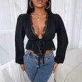 Eyelash lace lantern sleeve knotted front pleated short women's shirt