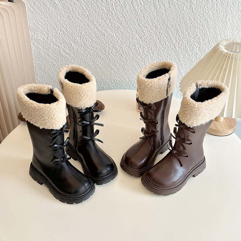 ins girls boots 2025 winter new Korean version velvet children's high boots sweet bow princess boots