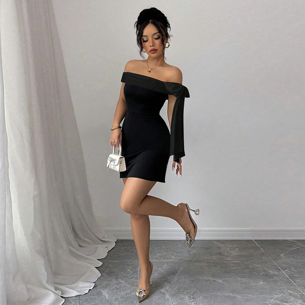 Amazon independent station elegantelegance shoulder patchwork ribbon black silm a-line shortdress